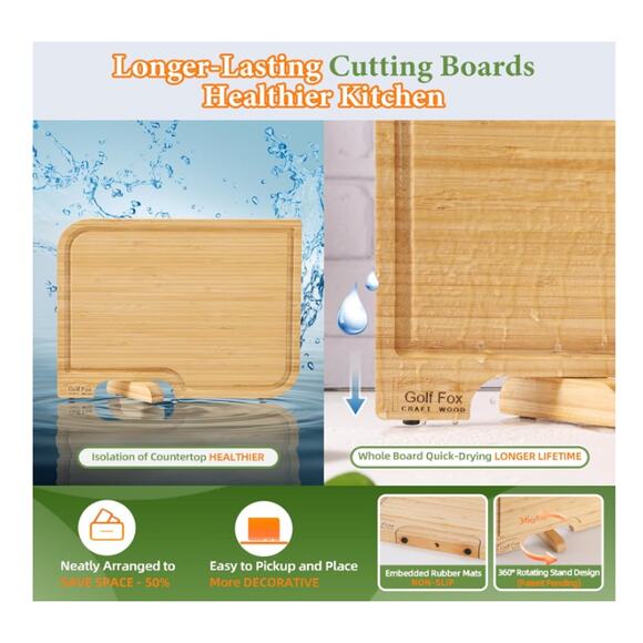 4-PCS Bamboo Cutting Board Set, Stand, Juice Groove & Handle, Double Sided - Picture 4 of 7